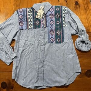 Nwt Tapestry Vintage Denim Aztec Western Patchwork‎ Long Sleeve Button Up Shirt